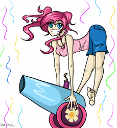 Size: 3426x3738 | Tagged: safe, artist:tao-mell, pinkie pie, human, g4, bare shoulders, barefoot, feet, female, grin, high res, humanized, party cannon, simple background, sleeveless, smiling, solo, white background