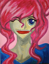 Size: 1968x2576 | Tagged: safe, artist:tao-mell, pinkie pie, human, g4, bust, canvas, female, humanized, one eye closed, open mouth, smiling, solo, traditional art, wink