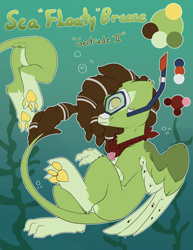 Size: 2322x3002 | Tagged: safe, artist:beardie, oc, oc only, griffon, beak, bubble, dive mask, diving, goggles, high res, ocean, paw pads, reference sheet, seashell, seaweed, smiling, snorkel, solo, swimming, tail, underwater, water, wings