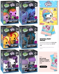 Size: 1638x2048 | Tagged: safe, maud pie, pinkie pie, princess celestia, princess luna, queen chrysalis, rarity, spike, sunset shimmer, g4, official, crossover, cursed, downvote bait, freddy funko, funko, funko pop!, merchandise, my little pony logo, nft, this is why we can't have nice things, toy