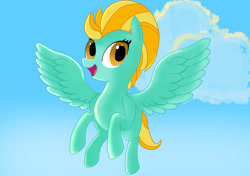 Size: 2048x1444 | Tagged: safe, artist:suryfromheaven, lightning dust, pegasus, pony, g4, cute, female, flying, happy, mare, open mouth, open smile, simple background, sky, smiling, solo, spread wings, wings