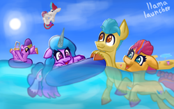 Size: 3200x2000 | Tagged: safe, artist:llamalauncher, hitch trailblazer, izzy moonbow, pipp petals, sunny starscout, zipp storm, earth pony, pegasus, pony, unicorn, g5, beach, cellphone, female, group, high res, inner tube, male, mane five, mare, open mouth, open smile, phone, smartphone, smiling, stallion, starry eyes, sun, water, wingding eyes