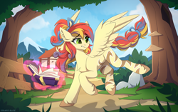 Size: 3132x1965 | Tagged: safe, artist:strafe blitz, oc, oc only, pegasus, pony, book, braided tail, chest fluff, ear fluff, female, fence, house, levitation, magic, mare, mountain, scenery, solo, spread wings, stripes, tail, telekinesis, transformation, unshorn fetlocks, wings
