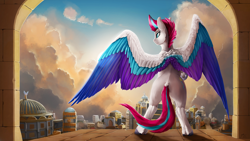 Size: 3840x2160 | Tagged: safe, artist:tenebrisnoctus, zipp storm, pegasus, pony, g5, butt, city, cloud, colored wings, dock, female, high res, large wings, looking away, mare, multicolored wings, plot, rear view, rearing, solo, spread wings, standing on two hooves, tail, underhoof, wings, zephyr heights