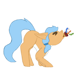 Size: 1280x1229 | Tagged: safe, artist:lil_vampirecj, oc, oc only, oc:iva, earth pony, pony, blue mane, blue tail, commission, party popper, simple background, solo, tail, tan coat, transparent background, white belly, ych result
