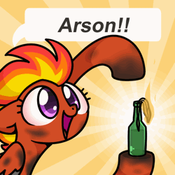 Size: 800x800 | Tagged: source needed, useless source url, safe, artist:sugar morning, oc, oc only, oc:tinderbox, pegasus, pony, alcohol, animated, apoc, apoc touc, arson, ash, bloodshot eyes, bottle, bouncing, burnt, commission, cute, dialogue, dirty, ears back, exclamation point, eyelashes, female, fiery mane, fire, gif, glass, gray feathers, grey feathers, happy, looking up, magenta eyes, mare, mean mare, mohawk, molotov cocktail, open mouth, orange coat, orange fur, orange mane, pegasus oc, poggers, pointing, punk, pyro, pyromaniac, red mane, silly, simple background, smiling, some mares just want to watch the world burn, soot, sootsies, speech bubble, text, wings, ych animation, ych result, yellow mane