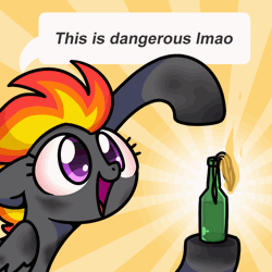 Size: 800x800 | Tagged: source needed, useless source url, safe, alternate version, artist:sugar morning, oc, oc only, oc:tinderbox, pegasus, pony, alcohol, animated, apoc, apoc touc, arson, ash, black coat, bloodshot eyes, bottle, bouncing, burnt, commission, cute, dialogue, dirty, ears back, exclamation point, eyelashes, female, fiery mane, fire, gif, glass, gray coat, gray feathers, grey feathers, happy, looking up, magenta eyes, mare, mean mare, mohawk, molotov cocktail, open mouth, orange mane, pegasus oc, poggers, pointing, punk, pyro, pyromaniac, red mane, silly, simple background, smiling, some mares just want to watch the world burn, soot, sootsies, speech bubble, text, wings, ych animation, ych result, yellow mane