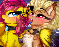 Size: 4000x3174 | Tagged: safe, artist:2pandita, oc, oc only, oc:miziky otonashy, oc:schwin, bat pony, pegasus, pony, blue tongue, eyebrows, eyebrows visible through hair, fangs, female, freckles, high res, hug, mare, open mouth, tongue out, winghug, wings