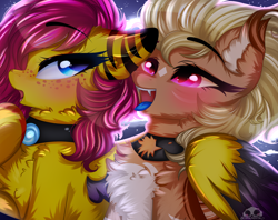 Size: 4000x3174 | Tagged: safe, artist:2pandita, oc, oc only, oc:miziky otonashy, oc:schwin, bat pony, pegasus, pony, blue tongue, eyebrows, eyebrows visible through hair, fangs, female, freckles, high res, hug, mare, open mouth, tongue out, winghug, wings