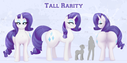Size: 3000x1496 | Tagged: safe, alternate version, artist:augustbebel, rarity, human, pony, unicorn, g4, butt, dock, featureless crotch, giant pony, looking at you, looking back, looking back at you, macro, plot, rearity, size chart, size comparison, size difference, smiling, tail, textless version