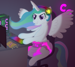 Size: 3200x2880 | Tagged: safe, artist:sweetielover, princess celestia, alicorn, pony, g4, celestia gamer, celestia gaming, chips, computer mouse, desk, diaper, diaper fetish, diaper gamer, female, fetish, food, gamer, gamer celestia, gamer diaper, glowing, grin, hay, headset, high res, keyboard, lights, mare, monitor, mousepad, neon, nightime, non-baby in diaper, pc, playing, room, smiling, solo, spread wings, wings