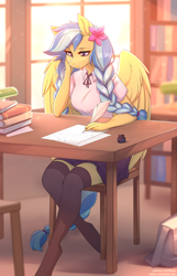Size: 1934x3002 | Tagged: safe, artist:fensu-san, oc, oc only, oc:jeppesen, pegasus, anthro, unguligrade anthro, bag, beautiful, black socks, book, bookshelf, bowtie, braid, braided tail, breasts, briefcase, chair, clothes, commission, cottagecore, crepuscular rays, cute, desk, female, flower, flower in hair, indoors, ink, inkwell, kneesocks, lamp, legs, library, lidded eyes, lined paper, long hair, long tail, mare, plaid skirt, pleated skirt, quill, quill pen, reasonably sized breasts, scenery, school bag, school uniform, schoolgirl, shirt, sitting, skirt, smiling, socks, solo, spread wings, stockings, studying, tail, thigh highs, twin braids, uniform, window, wing fluff, wings, writing, zettai ryouiki
