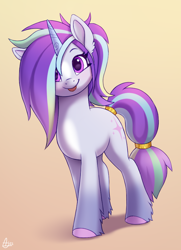 Size: 650x900 | Tagged: safe, artist:luminousdazzle, oc, oc only, oc:vega, pony, unicorn, g5, :p, female, gradient hooves, looking at you, looking up, mare, multicolored hair, ponytail, simple background, smiling, solo, tongue out, unshorn fetlocks