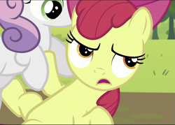 Size: 1011x723 | Tagged: safe, screencap, apple bloom, sweetie belle, earth pony, pony, brotherhooves social, g4, cropped, duo, on ground