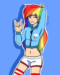 Size: 800x1000 | Tagged: safe, artist:woopwoop36red, rainbow dash, human, g4, belly button, clothes, female, humanized, midriff, simple background, smiling, smug