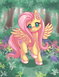 Size: 2550x3300 | Tagged: safe, artist:jo-vee-al, fluttershy, pegasus, pony, g4, blushing, cute, daaaaaaaaaaaw, female, forest, high res, looking at you, mare, raised hoof, shyabetes, smiling, smiling at you, solo, spread wings, tree, unshorn fetlocks, wings