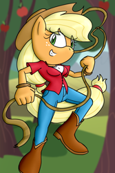 Size: 1200x1800 | Tagged: safe, artist:flash equestria photography, applejack, mobian, anthro, g4, boots, breasts, clothes, cowboy boots, cowboy hat, cowgirl, female, hat, jeans, lasso, pants, rope, shoes, solo, sonic the hedgehog (series), sonicified, stetson