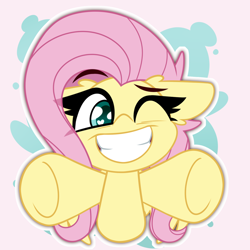 Size: 1500x1500 | Tagged: safe, artist:nekro-led, fluttershy, pegasus, pony, g4, abstract background, arms in the air, bust, cute, daaaaaaaaaaaw, floppy ears, grin, heart, heart eyes, hug, hug request, incoming hug, looking at you, one eye closed, shyabetes, simple background, smiling, solo, wingding eyes, wings, wink, winking at you, ych example