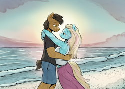 Size: 1690x1200 | Tagged: safe, artist:ahobobo, oc, oc only, oc:sandstone shine, oc:sapphire oasis, crystal pony, earth pony, anthro, beach, beautiful, couple, female, hug, lidded eyes, looking at each other, looking at someone, love, male, oc x oc, romantic, scenery, shipping, straight