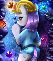 Size: 1772x2029 | Tagged: safe, artist:darksly, maud pie, earth pony, pony, belt, blushing, body pillow, body pillow design, butt, clothes, commission, cute, diamonds, dress, eyeshadow, female, gem, helmet, looking at you, makeup, mare, maudabetes, mine, plot, solo