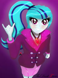 Size: 1280x1707 | Tagged: safe, artist:thedarktercio, sonata dusk, human, equestria girls, g4, cute, gem, looking at you, simple background, smiling, smiling at you, solo, sonatabetes