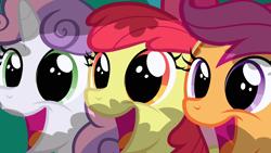 Size: 1280x720 | Tagged: safe, screencap, apple bloom, scootaloo, sweetie belle, earth pony, pegasus, pony, unicorn, g4, hearts and hooves day (episode), season 2, adorabloom, bush, close-up, cute, cutealoo, cutie mark crusaders, cutie mark cuties, diasweetes, dilated pupils, female, filly, foal, happy, smiling, trio, trio female