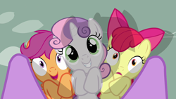 Size: 1280x720 | Tagged: safe, screencap, apple bloom, scootaloo, sweetie belle, twilight sparkle, earth pony, pegasus, pony, unicorn, g4, hearts and hooves day (episode), season 2, adorabloom, cute, cutealoo, cutie mark crusaders, cutie mark cuties, diasweetes, female, filly, foal, hoof on chest, mare, offscreen character, smiling, unicorn twilight