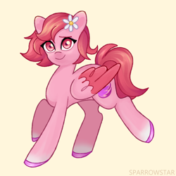 Size: 1800x1800 | Tagged: safe, artist:vtya, windy, pegasus, pony, g5, colored hooves, female, flower, flower in hair, mare, simple background, smiling, solo, yellow background