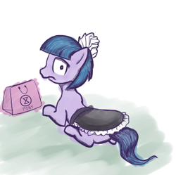 Size: 565x563 | Tagged: safe, artist:nullpotower, tote bag (g4), earth pony, pony, g4, bag, clothes, female, frown, looking at you, looking back, looking back at you, maid, mare, solo
