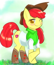 Size: 1250x1500 | Tagged: safe, artist:uguisunokoe1919, apple bloom, earth pony, pony, g4, blushing, boots, clothes, crossed hooves, equestria girls outfit, female, filly, foal, hat, one eye closed, shirt, shoes, smiling, solo, wink
