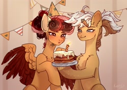 Size: 3800x2696 | Tagged: safe, artist:konejo, oc, oc only, oc:margaret pie-socks, earth pony, pegasus, pony, birthday cake, blowing, cake, candle, chest fluff, concave belly, food, freckles, hat, high res, party hat