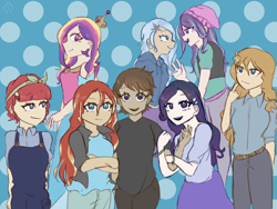 Size: 2048x1536 | Tagged: safe, artist:metaruscarlet, pear butter, princess cadance, rarity, starlight glimmer, sunset shimmer, torque wrench, trixie, oc, oc:doodles, human, beanie, belt, bracelet, canon x oc, clothes, crown, dark skin, dress, female, hat, hoodie, hug, humanized, infidelity, jacket, jeans, jewelry, leather jacket, lesbian, open mouth, overalls, pants, polyamory, regalia, shirt, skirt, t-shirt, vest
