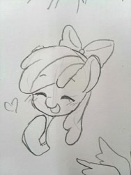 Size: 480x640 | Tagged: safe, artist:sugarcat_m, apple bloom, earth pony, pony, g4, adorabloom, cute, female, filly, foal, heart, sketch, solo, traditional art