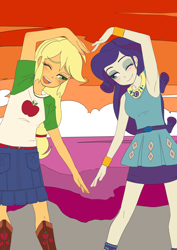 Size: 2894x4093 | Tagged: safe, artist:haibaratomoe, applejack, rarity, human, equestria girls, g4, my little pony equestria girls: better together, armpits, blushing, boots, clothes, cowboy boots, cute, duo, eyeshadow, female, jackabetes, lesbian, lesbian pride flag, makeup, one eye closed, open mouth, open smile, pride, pride flag, pride month, raribetes, rarity peplum dress, ship:rarijack, shipping, shirt, shoes, skirt, smiling, t-shirt, wink