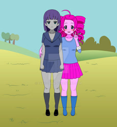 Size: 800x871 | Tagged: safe, artist:evey-chan, maud pie, pinkie pie, human, equestria girls, g4, 2014, boots, clothes, deviantart watermark, duo, female, kisekae, obtrusive watermark, shirt, shoes, siblings, sisters, skirt, socks, watermark