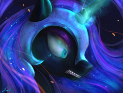 Size: 2224x1668 | Tagged: safe, artist:midna77, nightmare moon, alicorn, pony, g4, blue eyes, blue mane, colored pupils, crying, digital art, ethereal mane, female, flowing mane, glowing, glowing horn, helmet, horn, magic, mare, night, punishment, scared, signature, solo, starry mane, teary eyes, teeth