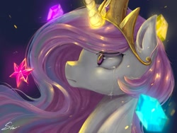 Size: 2224x1668 | Tagged: safe, artist:midna77, princess celestia, alicorn, pony, g4, crown, crying, digital art, element of generosity, element of honesty, element of kindness, element of laughter, element of loyalty, element of magic, elements of harmony, female, gem, glowing, glowing horn, horn, jewelry, looking up, magic, mare, night, pink eyes, pink-mane celestia, punishment, regalia, sad, signature, solo, sternocleidomastoid, teary eyes