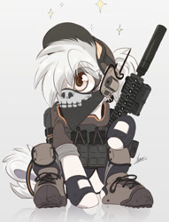 Size: 915x1200 | Tagged: safe, artist:ncmares, oc, oc only, oc:treasure, earth pony, pony, armor, bandana, baseball cap, cap, clothes, crouching, female, fingerless gloves, gloves, goggles, gun, hair over one eye, hat, headset, hoof boots, knee pads, mare, rifle, shirt, solo, weapon