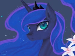 Size: 2224x1668 | Tagged: safe, artist:midna77, princess luna, alicorn, pony, blue eyes, blue mane, colored pupils, constellation, crown, digital art, ethereal mane, female, flower, flowing mane, gray background, horn, jewelry, mare, regalia, signature, simple background, solo, starry mane