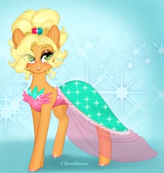 Size: 1931x2048 | Tagged: safe, artist:cherubisous, applejack, earth pony, pony, g4, alternate hairstyle, applejack is best facemaker, applejewel, bedroom eyes, clothes, dress, eye clipping through hair, eyeshadow, female, makeup, mare, smiling, solo, sparkly background