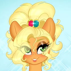 Size: 1020x1015 | Tagged: safe, artist:cherubisous, applejack, earth pony, pony, g4, alternate hairstyle, applejack is best facemaker, applejewel, bedroom eyes, bust, close-up, eye clipping through hair, eyeshadow, female, makeup, mare, smiling, solo, sparkly background