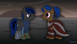 Size: 11200x6400 | Tagged: safe, artist:parclytaxel, oc, oc only, oc:kimberlite, oc:moon fang, pegasus, pony, unicorn, .svg available, absurd resolution, alternate timeline, ashlands timeline, barren, boots, clothes, commission, dress, implied genocide, male, no catchlights, post-apocalyptic, shirt, shoes, stallion, stare, vector, wasteland