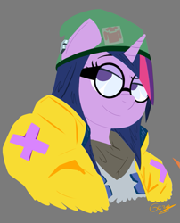 Size: 617x763 | Tagged: safe, artist:realgero, twilight sparkle, unicorn, anthro, g4, alternate hairstyle, clothes, glasses, gray background, hat, jacket, simple background, valorant, video game crossover, video game reference