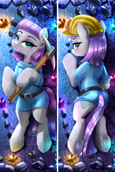Size: 2500x3712 | Tagged: safe, artist:darksly, maud pie, earth pony, pony, belt, blushing, body pillow, body pillow design, butt, clothes, cute, diamonds, dress, eyeshadow, female, frog (hoof), gem, helmet, high res, looking at you, makeup, mare, maudabetes, mine, mining helmet, pickaxe, plot, solo, underhoof, watermark
