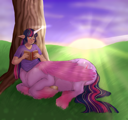 Size: 3000x2820 | Tagged: safe, artist:ponykittenboi, derpibooru exclusive, twilight sparkle, alicorn, centaur, human, taur, g4, alitaur, book, centaur twilight, centaurified, cloud, colored hooves, folded wings, freckles, grass, grass field, high res, horn, horned humanization, human coloration, humanized, long tail, reading, sitting, sky, solo, species swap, sunrise, tail, tooth gap, tree, twilight sparkle (alicorn), unshorn fetlocks, wings