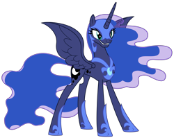 Size: 2716x2166 | Tagged: safe, alternate version, artist:sketchmcreations, nightmare moon, princess luna, alicorn, pony, a royal problem, g4, armor, concave belly, female, grin, helmet, high res, hoof shoes, long legs, long tail, mare, nightmare luna, palette swap, peytral, princess shoes, recolor, simple background, slender, smiling, solo, spread wings, tail, tall, thin, transparent background, vector, wings