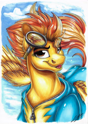 Size: 2481x3490 | Tagged: safe, artist:lupiarts, spitfire, pegasus, pony, g4, artwork, bust, clothes, drawing, female, flying, goggles, high res, looking at you, mare, portrait, sky, spread wings, traditional art, training, uniform, wings, wonderbolts, wonderbolts uniform