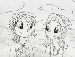 Size: 1024x782 | Tagged: safe, artist:736berkshire, starlight glimmer, sunset shimmer, human, equestria girls, g4, beach, bikini, bikini top, clothes, duo, female, monochrome, swimsuit, traditional art, water