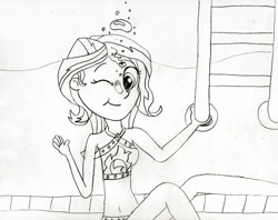 Size: 1024x810 | Tagged: safe, artist:736berkshire, sunset shimmer, human, equestria girls, g4, bikini, bikini top, bubble, clothes, female, monochrome, solo, swimming pool, swimsuit, traditional art, underwater