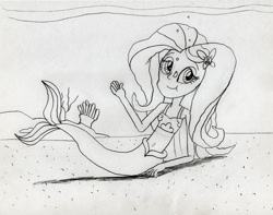 Size: 1280x1010 | Tagged: safe, artist:736berkshire, fluttershy, human, mermaid, equestria girls, g4, bikini, bikini top, bubble, clothes, female, mermaidized, monochrome, solo, species swap, swimsuit, traditional art, underwater